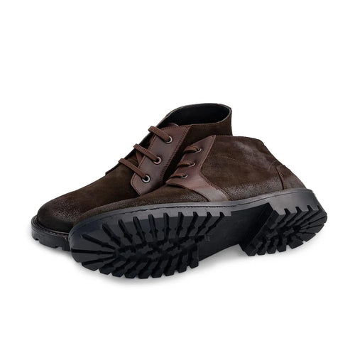 Aryaki Dark Brown Bi-Material Chukka Boots | Rugged Suede & Leather Lug-Sole Boots