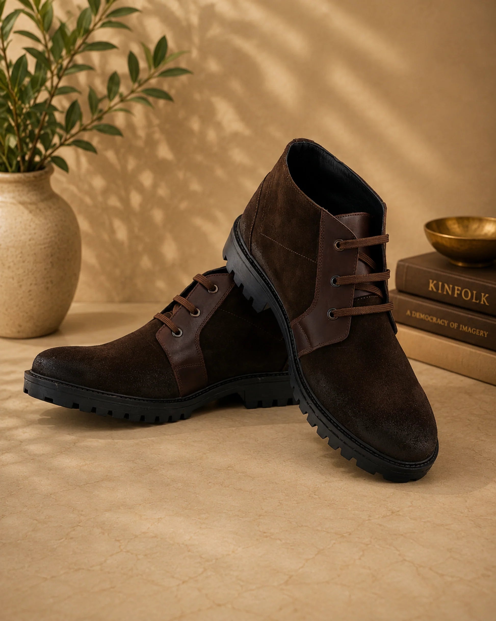 Aryaki Dark Brown Bi-Material Chukka Boots | Rugged Suede & Leather Lug-Sole Boots