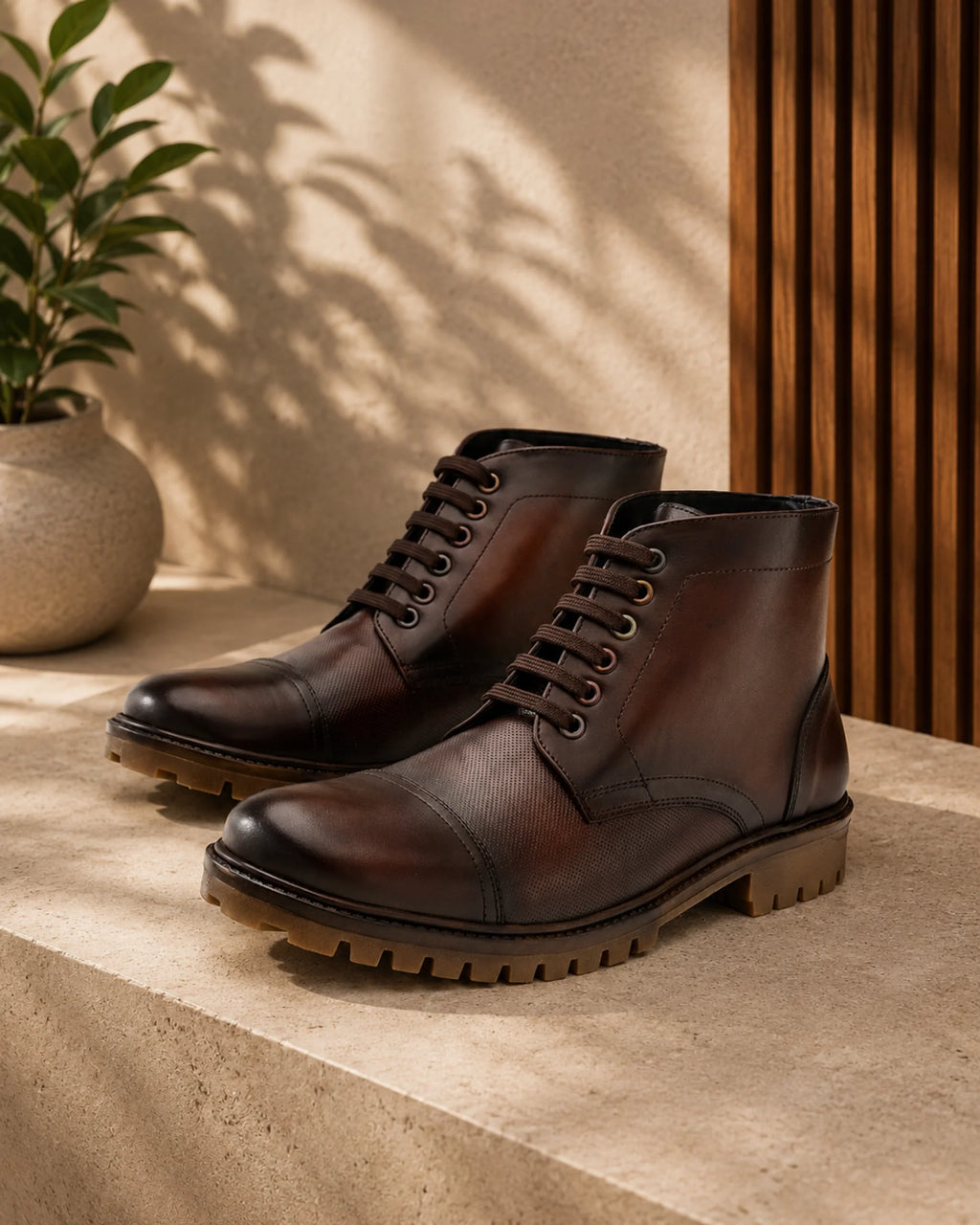 Aryaki Midnight Espresso Mid-Print Commando Boots | Rugged Cap-Toe High-Top Lace-Up Boots