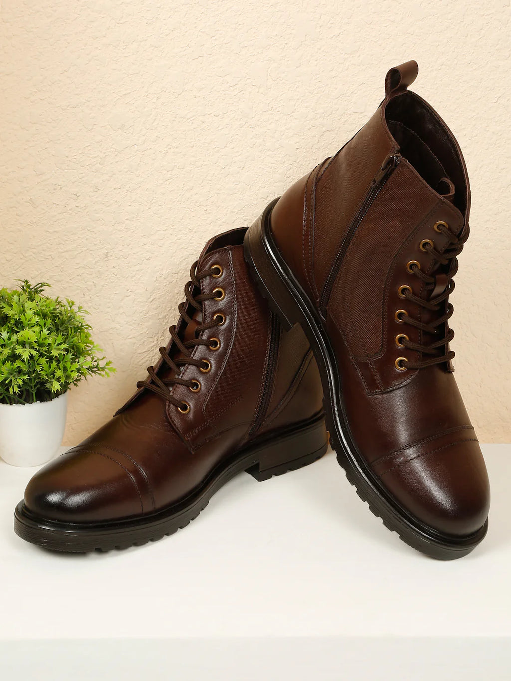 Teakwoodleathers Men's Leather Combat Boots with Side Zipper - Premium High-Top Dress Profile