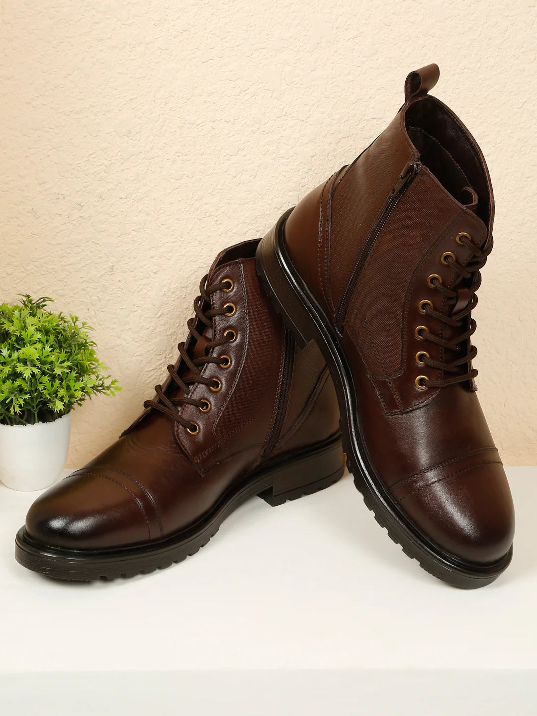 Teakwoodleathers Men's Leather Combat Boots with Side Zipper - Premium High-Top Dress Profile