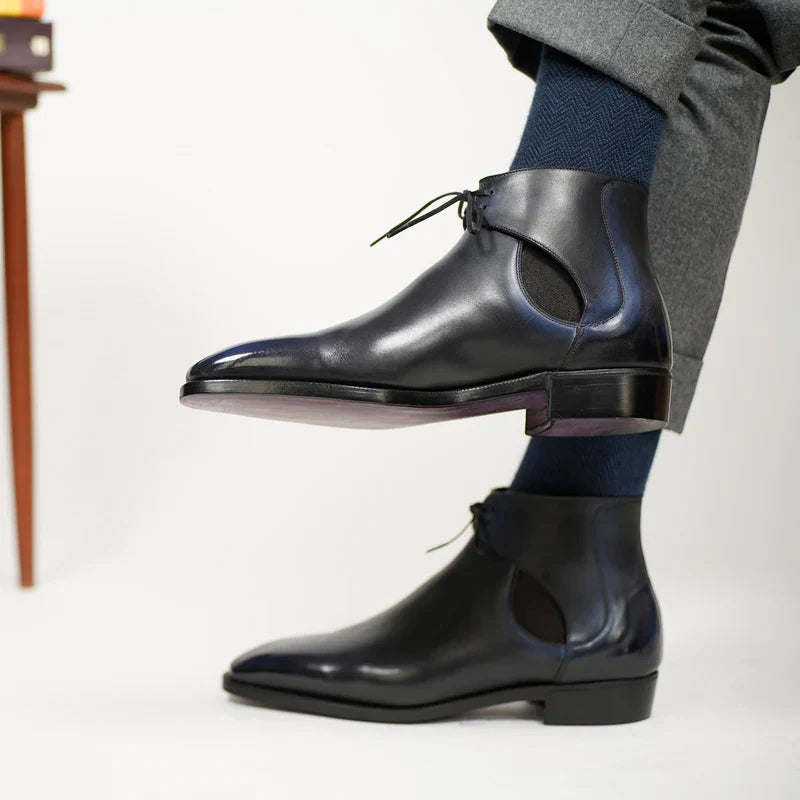 Aryaki Midnight Blue Hand-Patina chelsea chukka Boots – Side-Gore Lace-Up Wholecut Leather