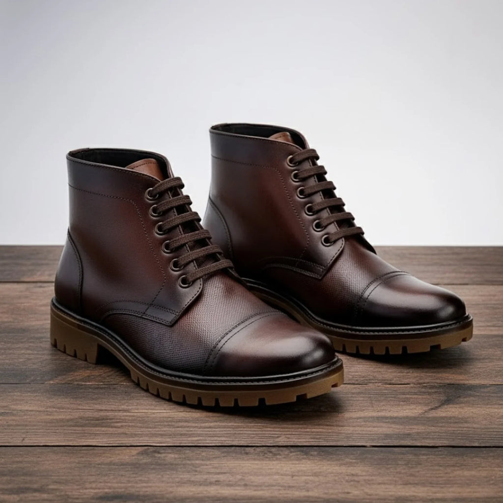 Aryaki Midnight Espresso Mid-Print Commando Boots | Rugged Cap-Toe High-Top Lace-Up Boots