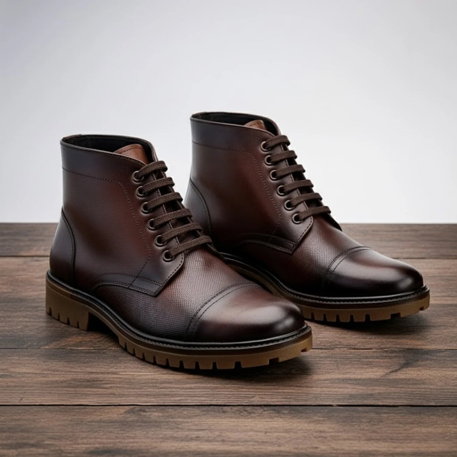 Aryaki Midnight Espresso Mid-Print Commando Boots | Rugged Cap-Toe High-Top Lace-Up Boots