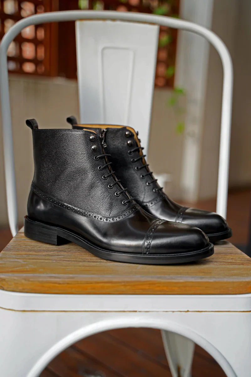 Aryaki Antique Brown High Top Side-Zip Brogue Cap-Toe Leather Boots  Handmade Formal Boots