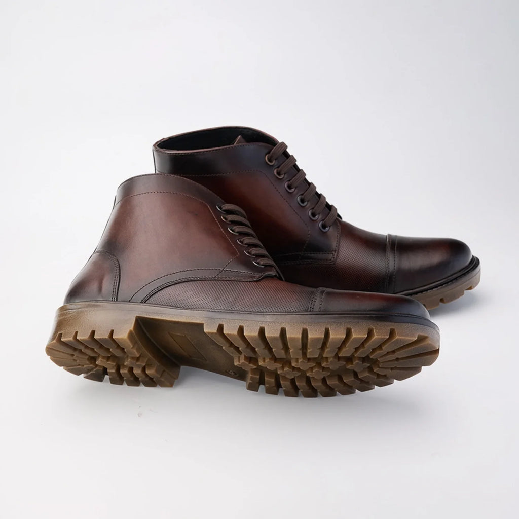 Aryaki Midnight Espresso Mid-Print Commando Boots | Rugged Cap-Toe High-Top Lace-Up Boots