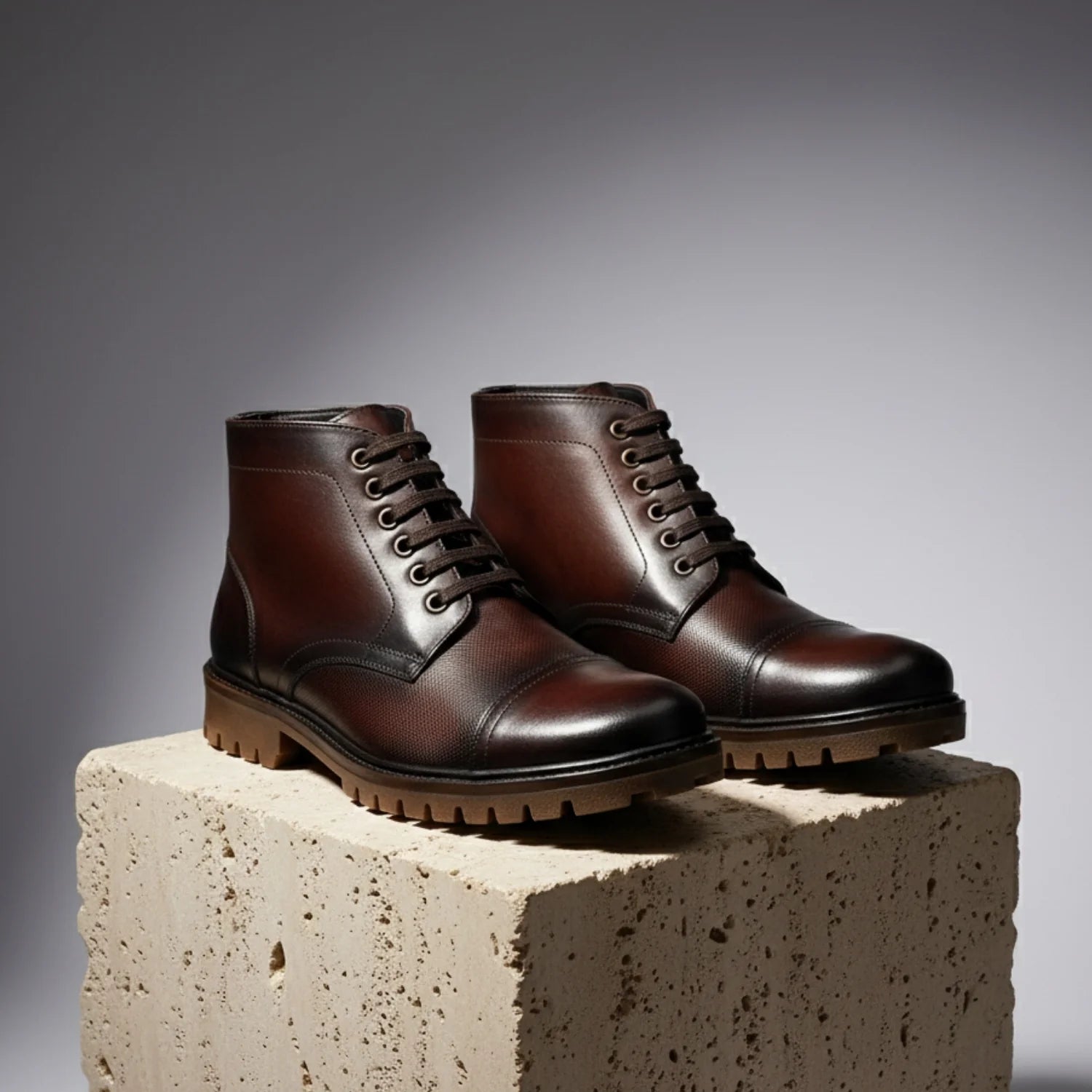 Aryaki Midnight Espresso Mid-Print Commando Boots | Rugged Cap-Toe High-Top Lace-Up Boots