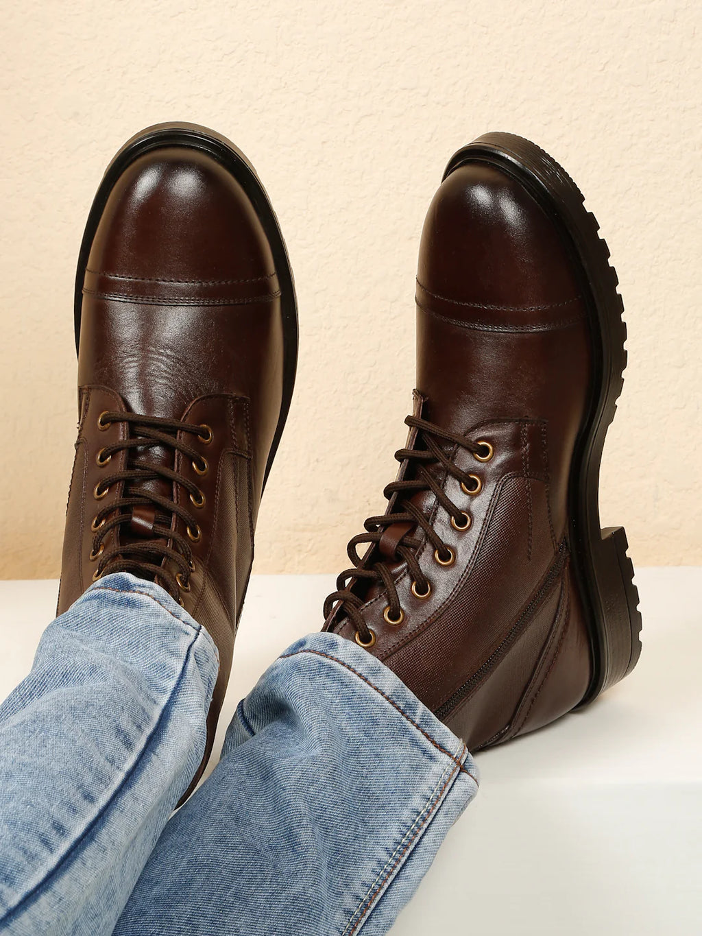 Teakwoodleathers Men's Leather Combat Boots with Side Zipper - Premium High-Top Dress Profile