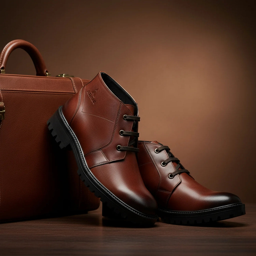 Aryaki Tan Patina Commando Chukka Boots