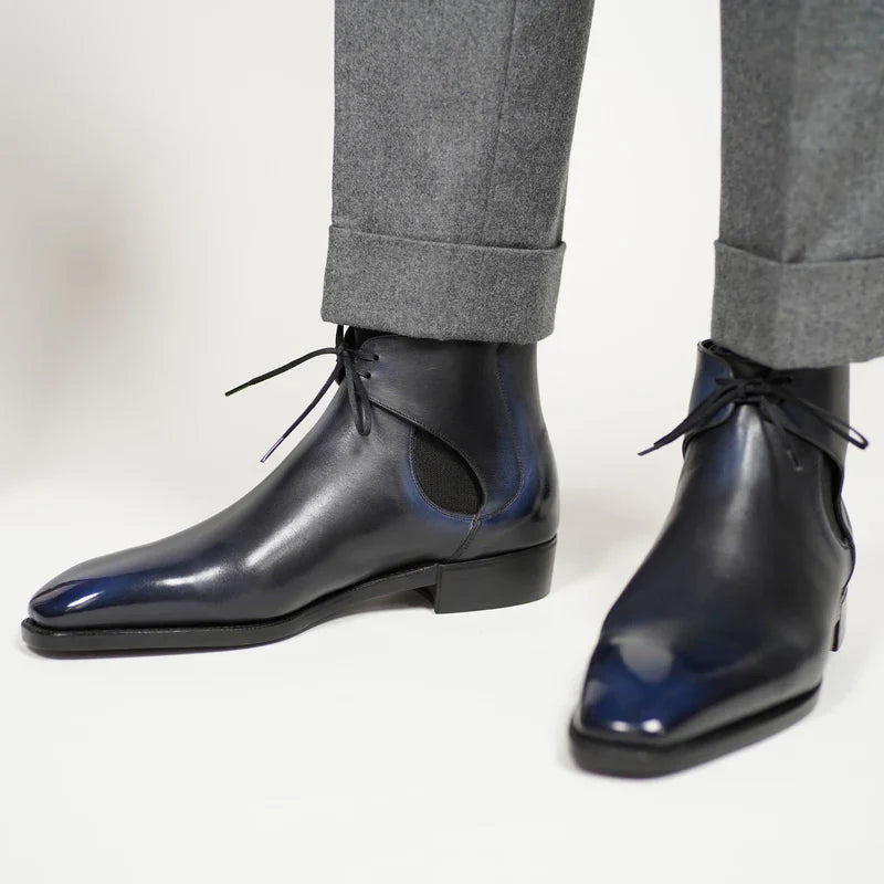 Aryaki Midnight Blue Hand-Patina chelsea chukka Boots – Side-Gore Lace-Up Wholecut Leather