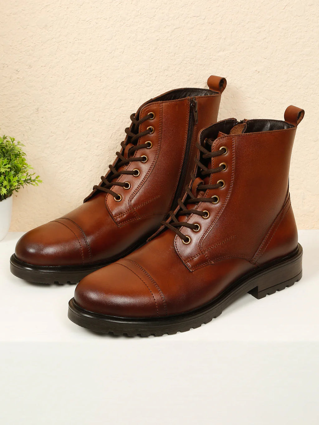 Teakwoodleathers Men's Leather Combat Boots with Side Zipper - Premium High-Top Dress Profile