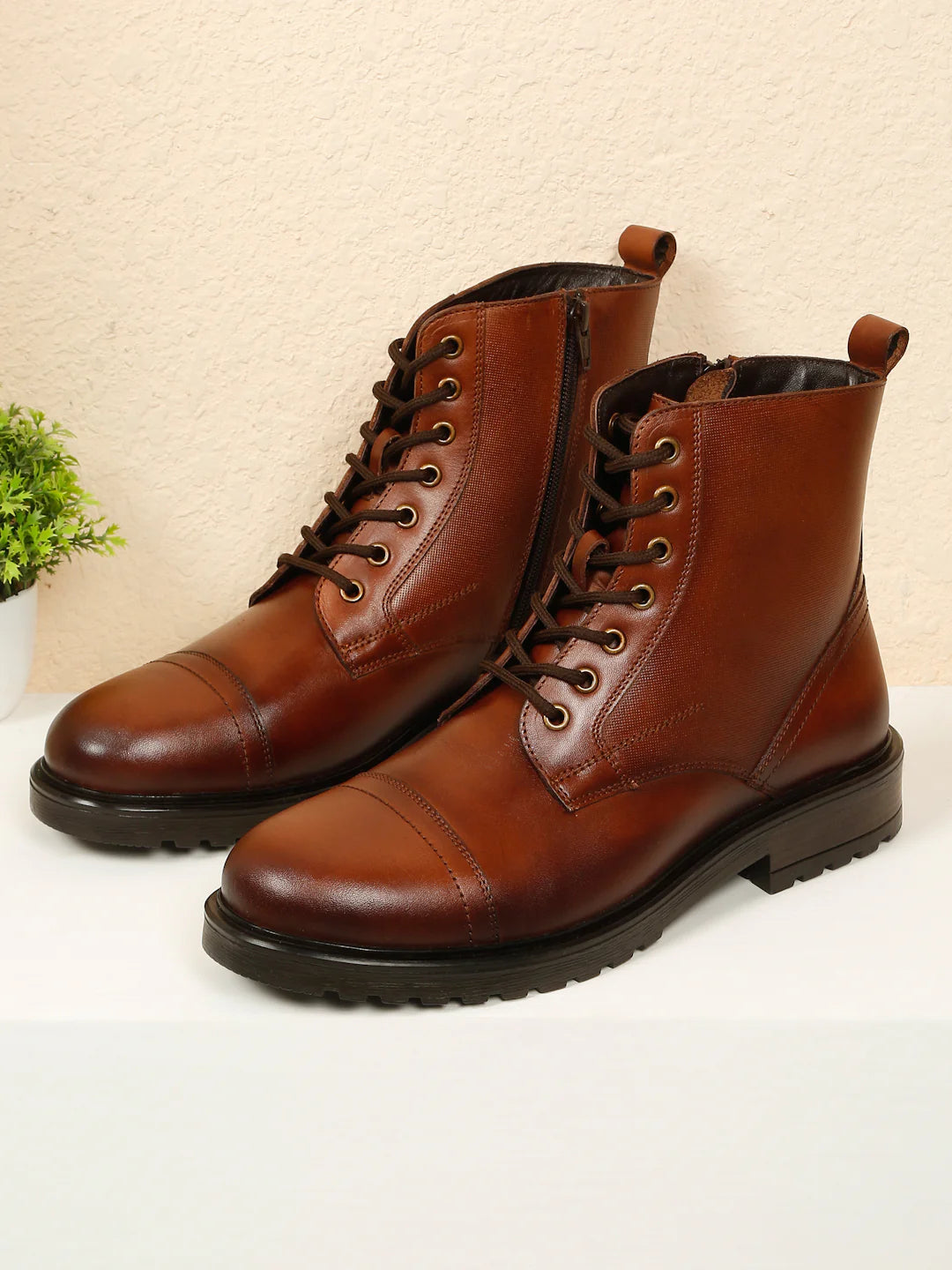 Teakwoodleathers Men's Leather Combat Boots with Side Zipper - Premium High-Top Dress Profile