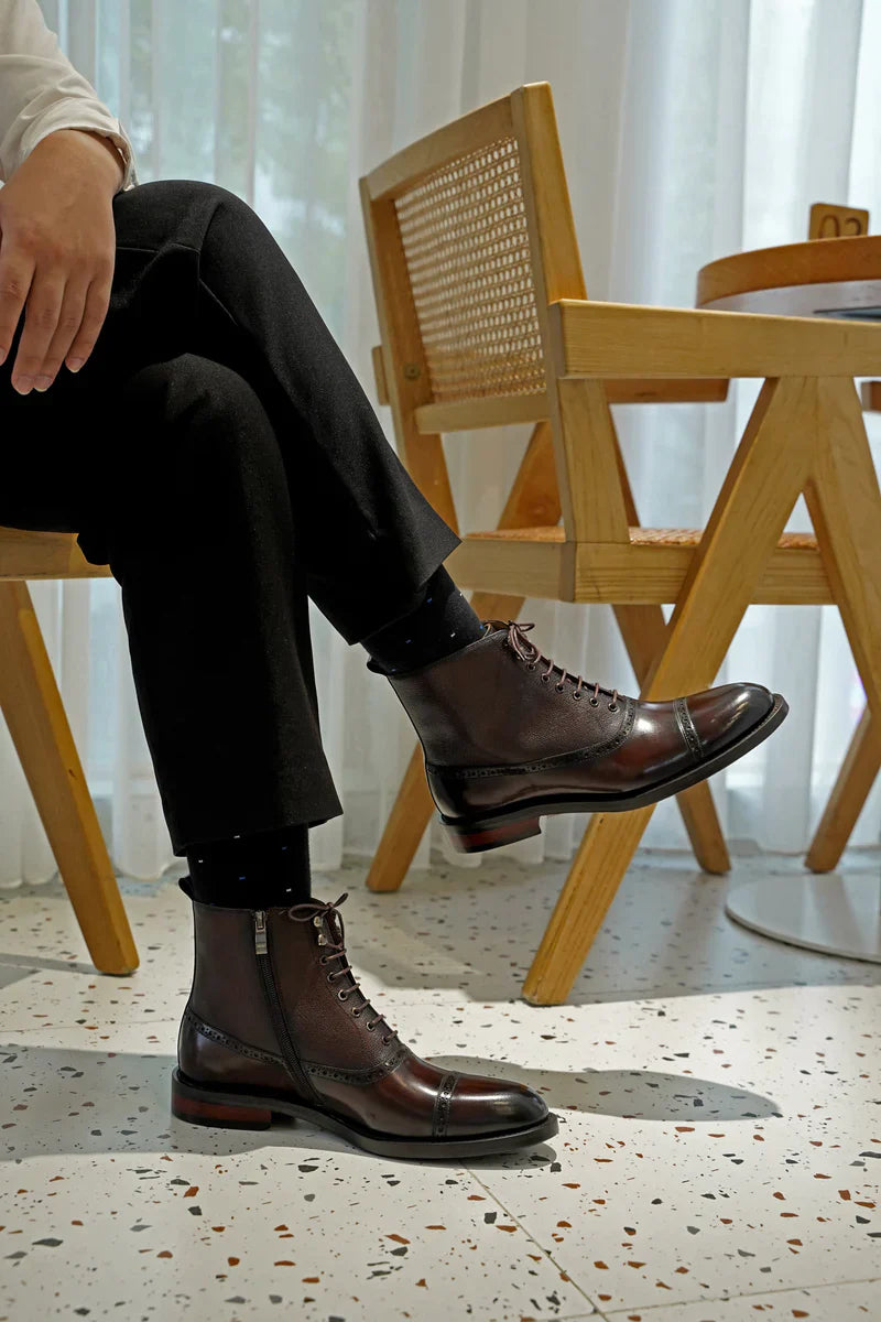 Aryaki Antique Brown High Top Side-Zip Brogue Cap-Toe Leather Boots  Handmade Formal Boots