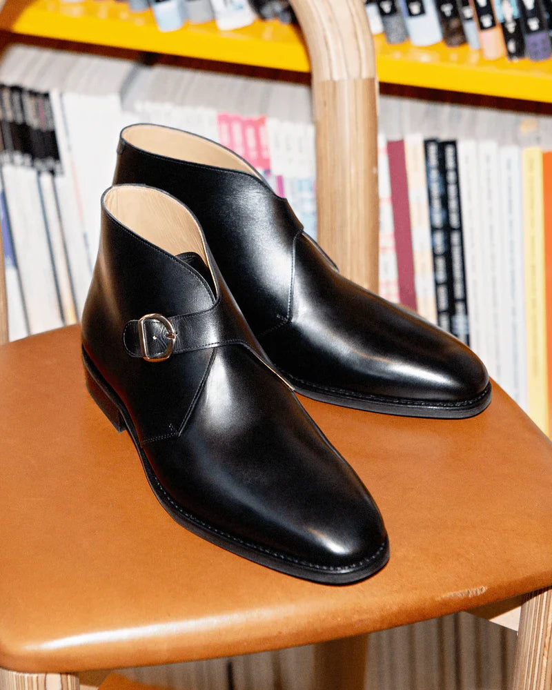 Aryaki Carlo Black Wholecut Single Monk Strap Chukka Boots  Plain Toe Leather Formal Boots