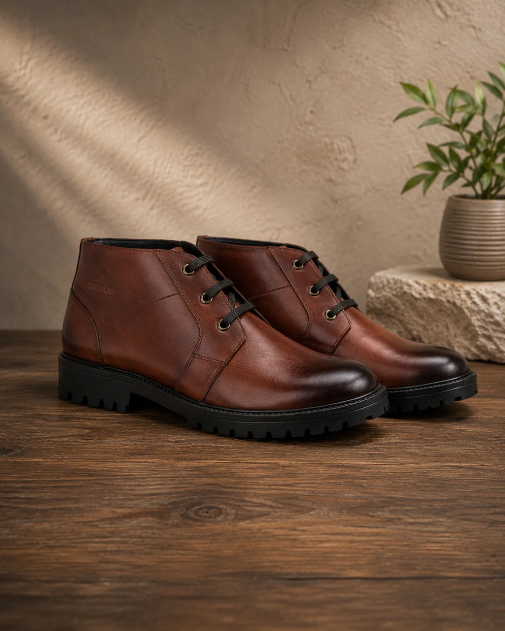 Aryaki Tan Patina Commando Chukka Boots