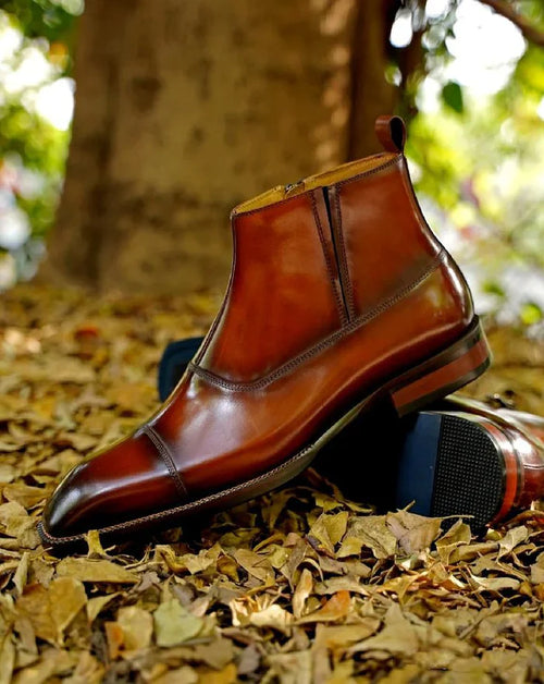 Aryaki Cognac Brown Side-Zip Block Heel Leather Dress Boots | Handmade Formal Leather Boots