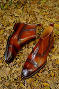 Aryaki Cognac Brown Side-Zip Block Heel Leather Dress Boots | Handmade Formal Leather Boots
