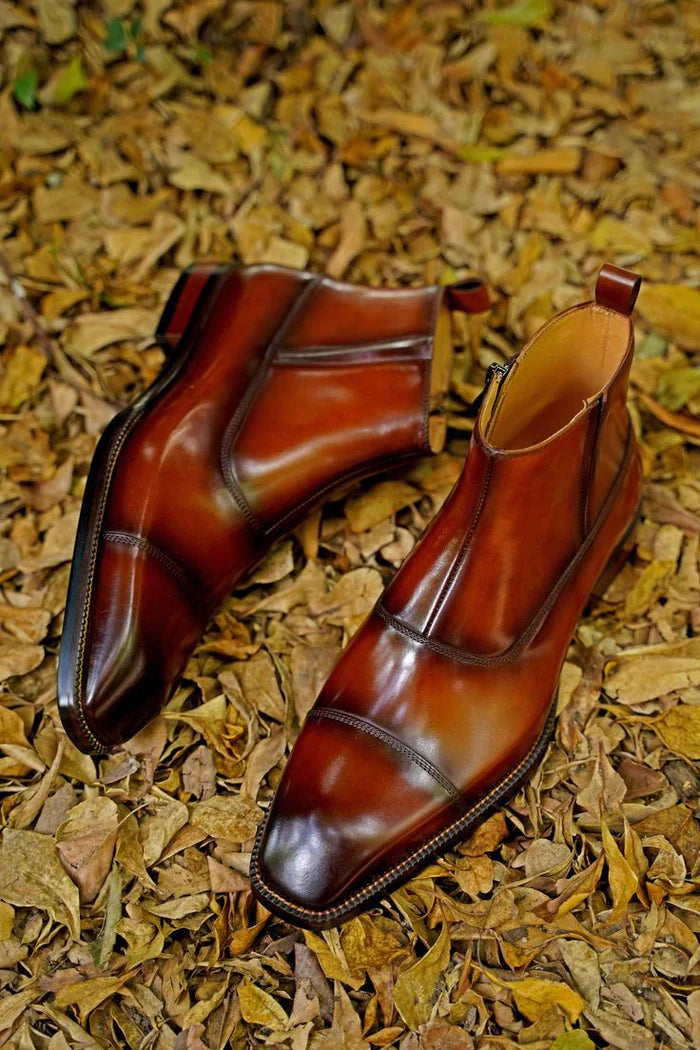 Aryaki Cognac Brown Side-Zip Block Heel Leather Dress Boots | Handmade Formal Leather Boots