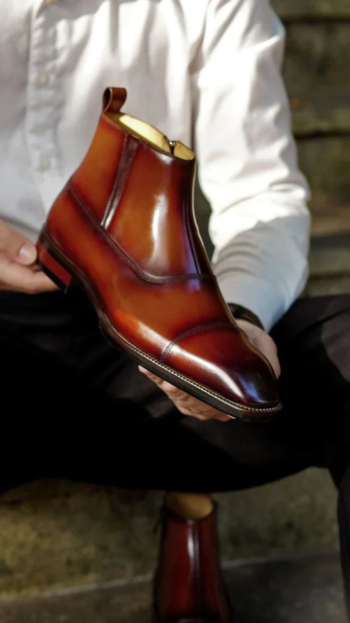 Aryaki Cognac Brown Side-Zip Block Heel Leather Dress Boots | Handmade Formal Leather Boots