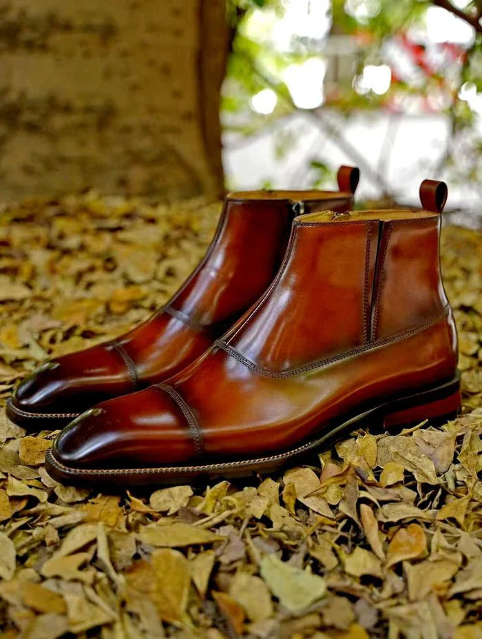 Aryaki Cognac Brown Side-Zip Block Heel Leather Dress Boots | Handmade Formal Leather Boots