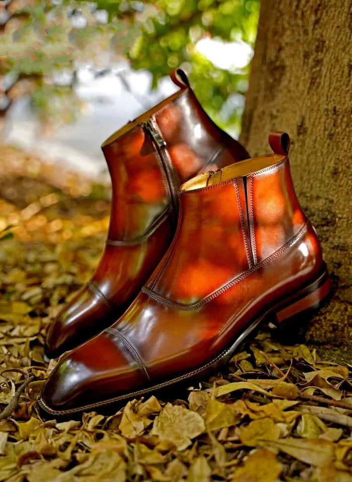 Aryaki Cognac Brown Side-Zip Block Heel Leather Dress Boots | Handmade Formal Leather Boots