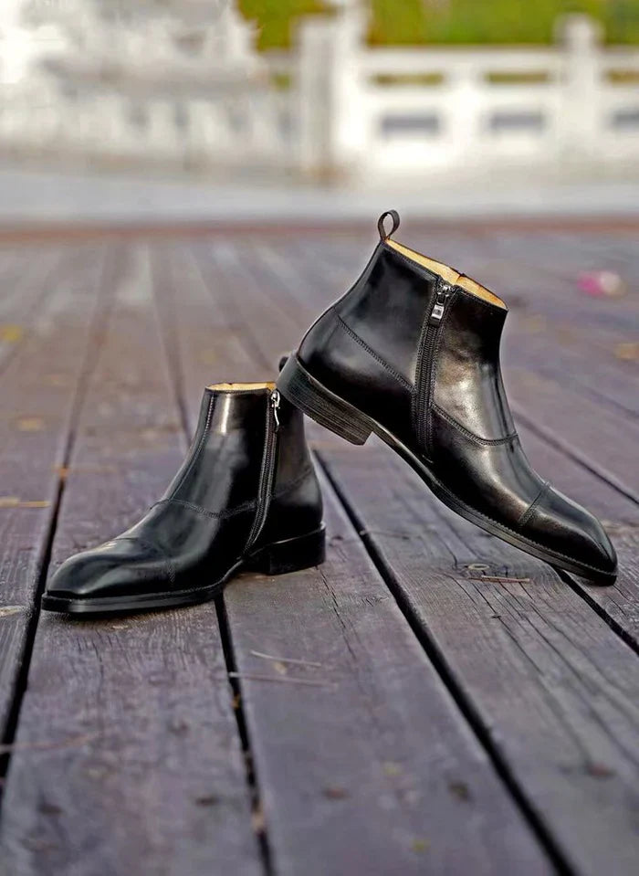 Aryaki Cognac Brown Side-Zip Block Heel Leather Dress Boots | Handmade Formal Leather Boots