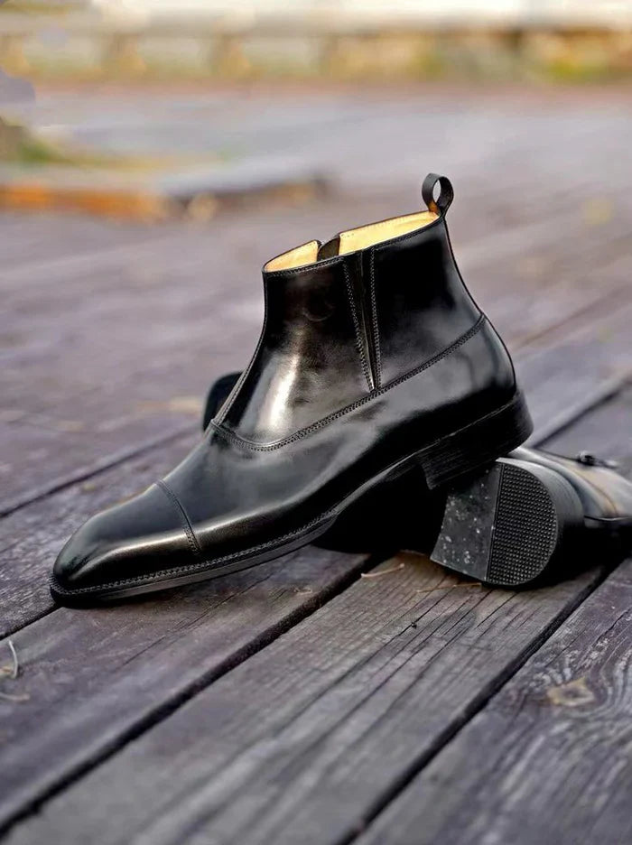 Aryaki Cognac Brown Side-Zip Block Heel Leather Dress Boots | Handmade Formal Leather Boots