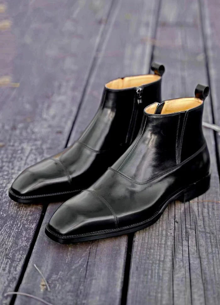 Aryaki Cognac Brown Side-Zip Block Heel Leather Dress Boots | Handmade Formal Leather Boots