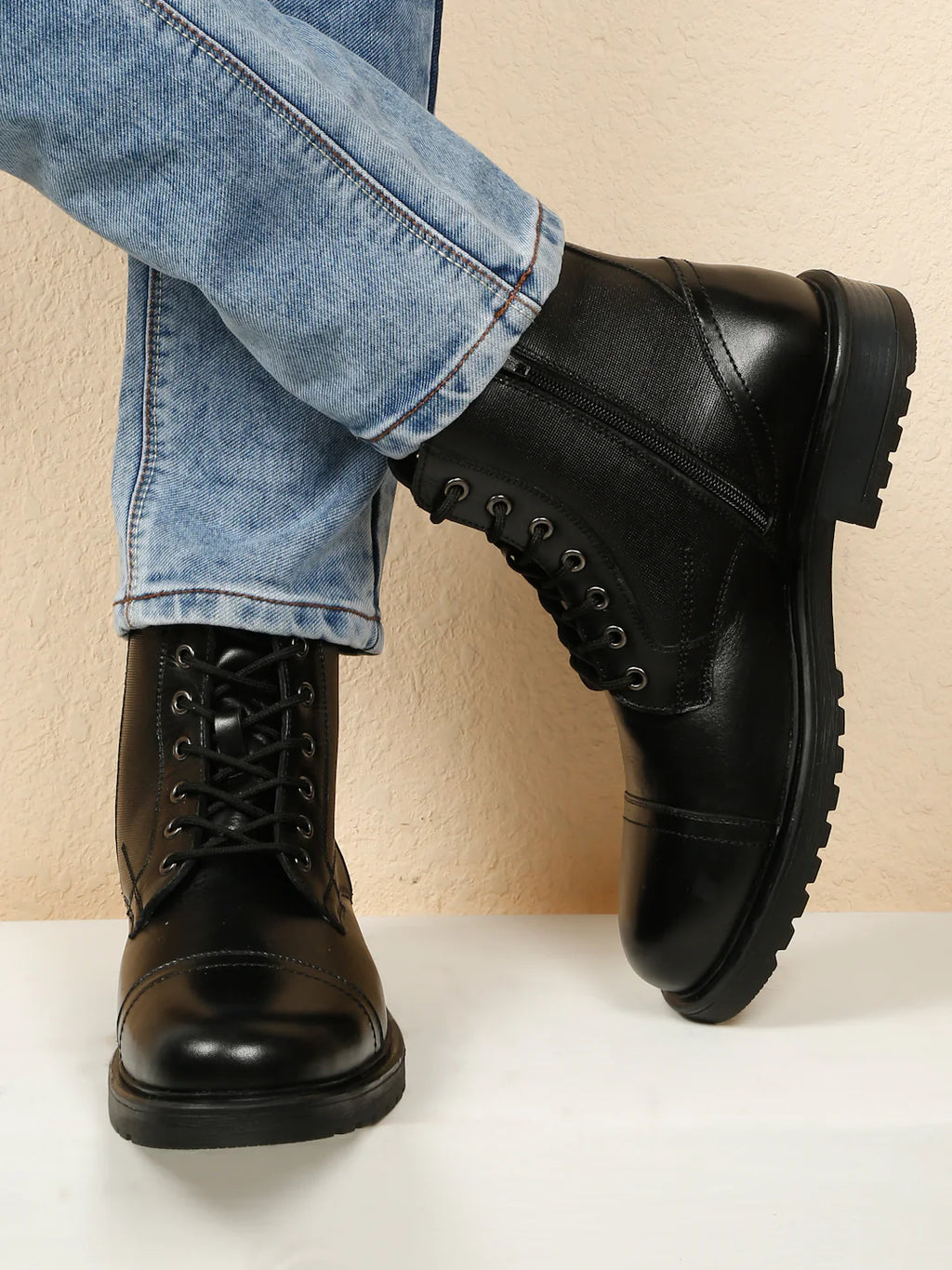 Teakwoodleathers Men's Leather Combat Boots with Side Zipper - Premium High-Top Dress Profile