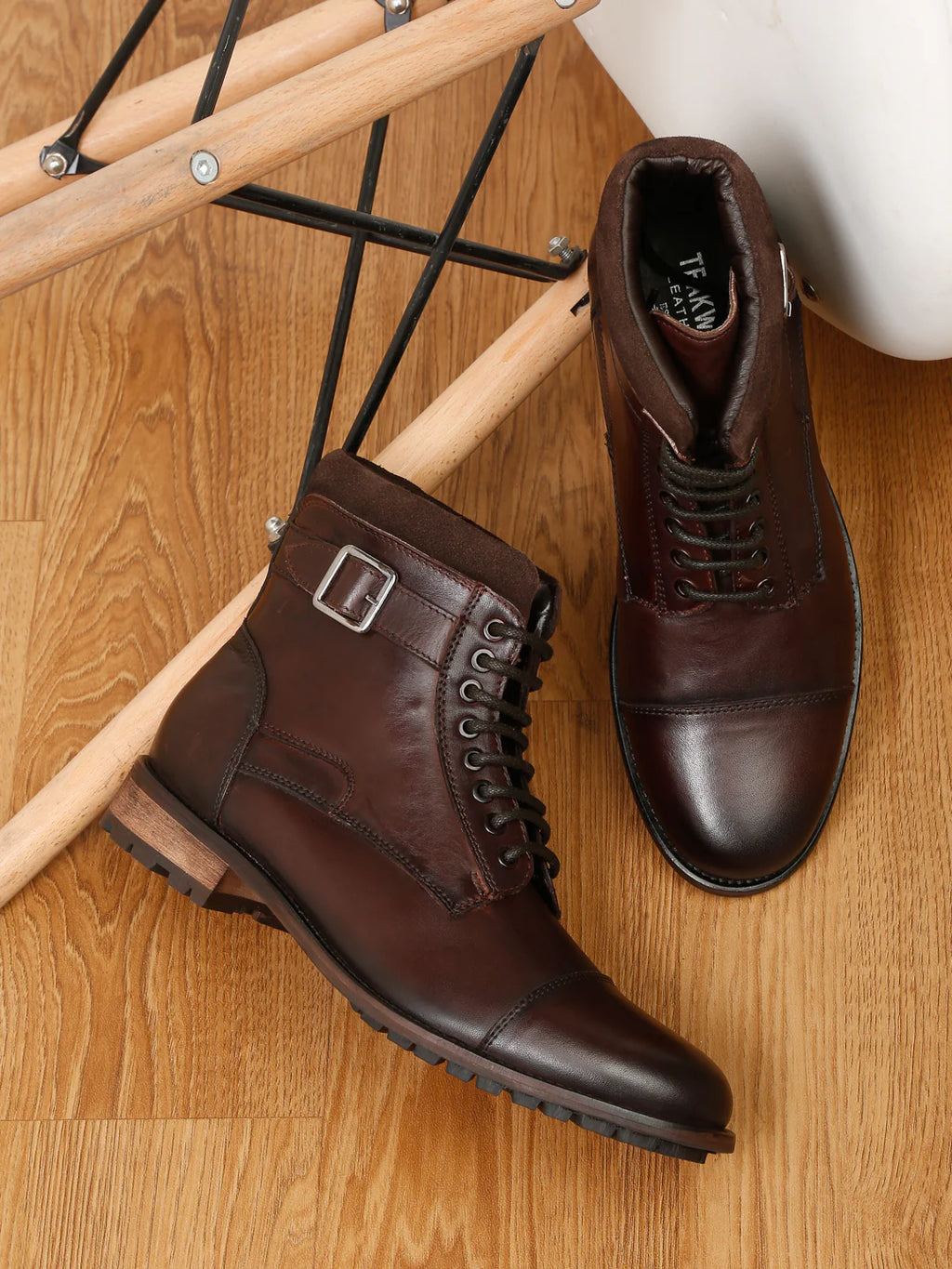 Teakwoodleathers High Buckle Men's Brown Mid-Top Boots - Premium Formal Lace-Up