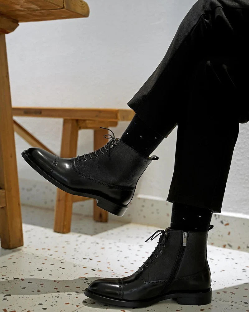 Aryaki Antique Brown High Top Side-Zip Brogue Cap-Toe Leather Boots  Handmade Formal Boots