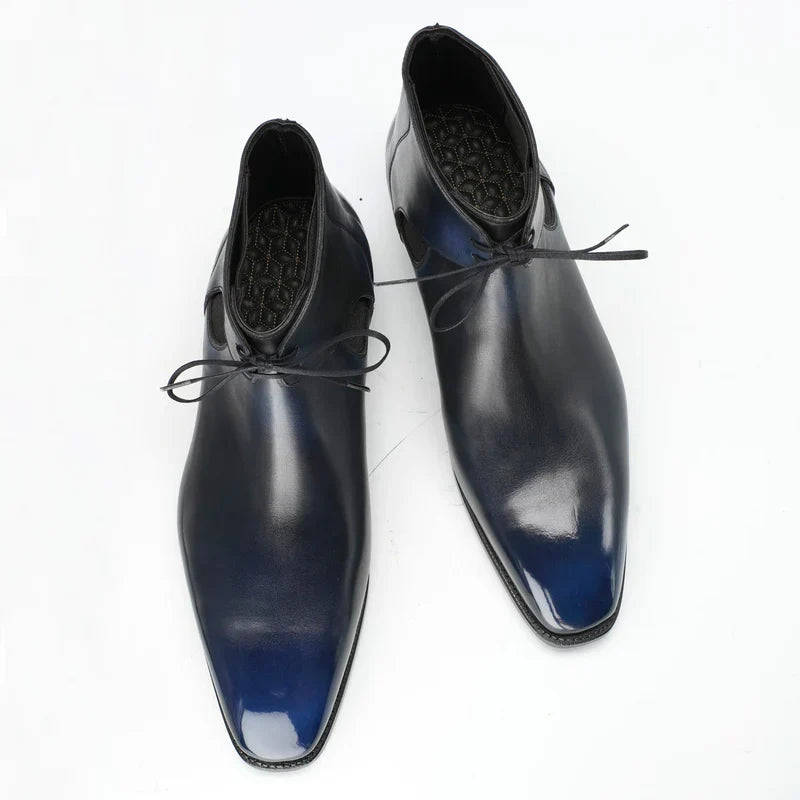Aryaki Midnight Blue Hand-Patina chelsea chukka Boots – Side-Gore Lace-Up Wholecut Leather